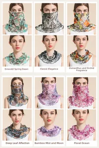 Detail view of 6 silk sun protection scarves showing neck gaiter and face mask styles