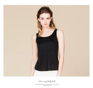 Close-up of black silk knit camisole with U-neckline and slim fit ribbed texture
