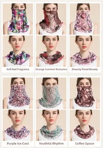 Detail showcasing six colorful printed silk mesh neck gaiters and versatile sun face masks