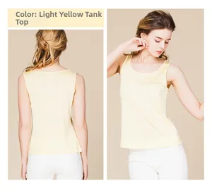 Detail view showing front and back of a slim-fit light yellow silk knit tank top vest