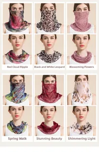 Detail of silk mesh neck gaiter with artistic floral prints and sun protection fabric