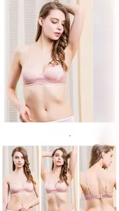 Detailaufnahmen des nahtlosen Seiden-BHs in Rosa mit Vorder- Seiten- und Rückansicht