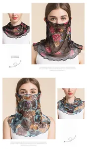 Detail of silk sun protection neck gaiter with vintage rose floral print mesh fabric
