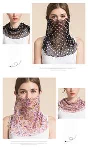 Detail of silk mesh neck gaiter showing black polka dots and floral print patterns