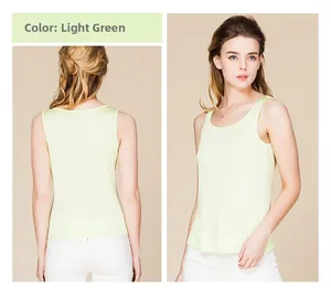 Detail view showing front and back of the fruit green silk knit sleeveless vest top