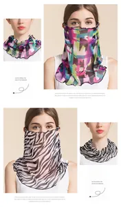 Detail of silk mesh neck gaiter showing zebra and floral patterns with ruffled edges