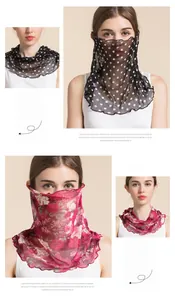 Detailed views of mulberry silk sun protection neck gaiter in polka dot and floral prints