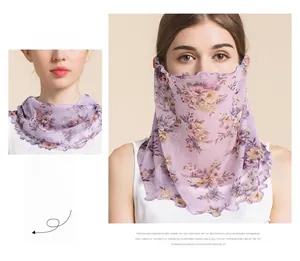 Floral silk mesh neck gaiter with purple flower pattern and ruffles for sun protection