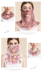 Close-up of floral silk sun protection neck gaiter with breathable mesh fabric detail