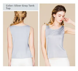Front and back view of silver grey slim fit silk vest with elegant round neckline
