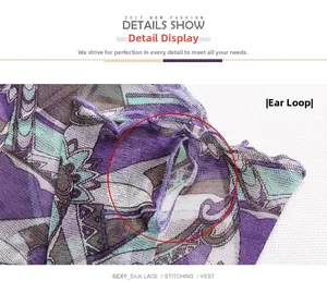 Detailed view of silk lace mesh neck gaiter with ear loops and purple floral patterns