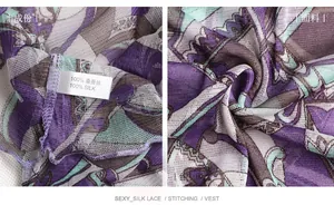 Detail of thin silk mesh scarf showing 100% mulberry silk fabric and geometric patterns