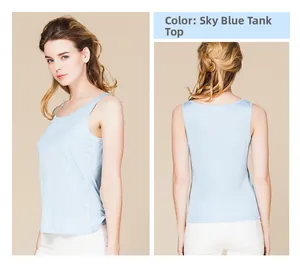 Dual view of sky blue silk vest for women showing sleek texture and slim fit design