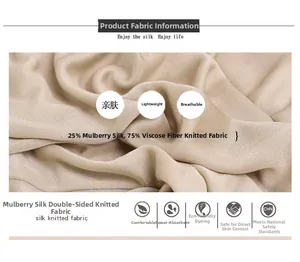 Macro detail of silk knit fabric showing texture and 25% mulberry silk composition