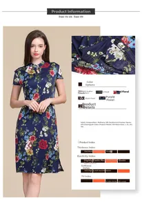Detail view of floral silk qipao dress showing mulberry silk fabric and size specifications