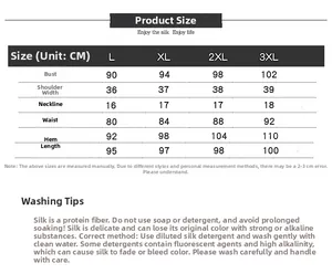 Detailed size chart for silk cheongsam dress with measurements in cm and washing guide