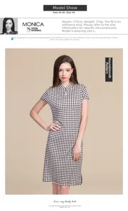 Detailed view of the houndstooth pattern dress with a traditional Chinese teardrop neckline