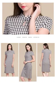 Detail of mandarin collar and three-angle view of a houndstooth silk cheongsam dress