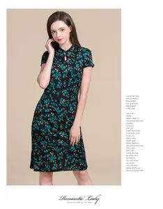 Detail of mandarin collar and teardrop water-drop button on silk floral qipao dress
