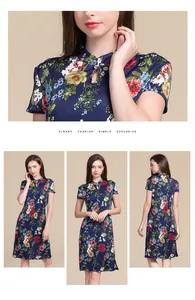 Detailed view of floral silk qipao dress featuring mandarin collar and cutout neckline