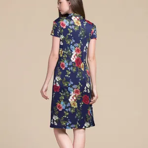 Floral silk qipao dress with vintage flower patterns shown from a back side view
