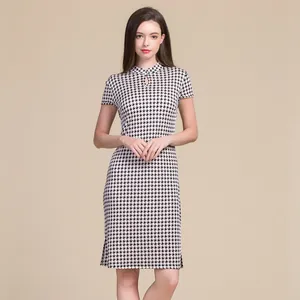 Elegant houndstooth silk qipao dress with a mandarin collar and slim fit silhouette