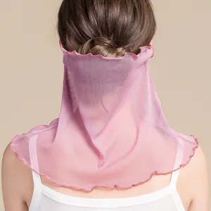 Ροζ μεταξωτό περιλαίμιο ηλιοπροστασίας με διαπνέον δίχτυ και βολάν για γυναίκες