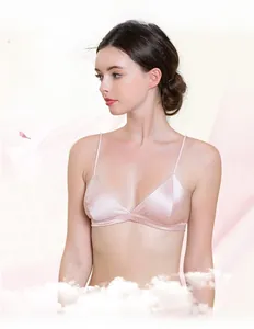 Detail of pink silk satin wireless bra with slim straps for breathable comfort