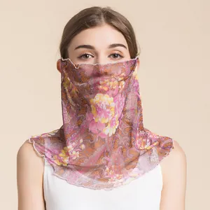 Pink and purple vintage floral mesh sun protection face mask for women with ruffled edges