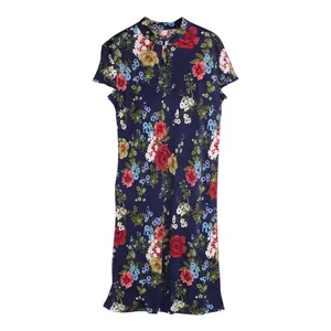 Short-sleeved silk qipao dress in dark blue with vibrant red and yellow floral patterns