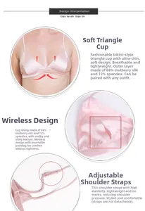 Detailed view of pink mulberry silk bralette with wireless cups and adjustable straps