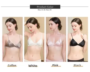 Silk bralettes color options: coffee brown, white, pink and black satin styles