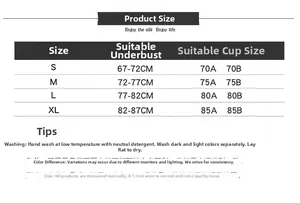 Detailed size chart for silk wire-free bras covering sizes S to XL with measurements