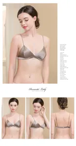 Close-up of champagne silk triangle bralette with thin straps and smooth satin finish