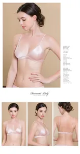 Detail view of pink silk satin wireless bralette with thin straps and elastic band