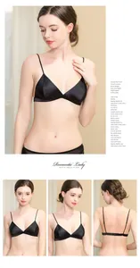 Detail view of black silk triangle bra with slim straps and sleek satin finish texture