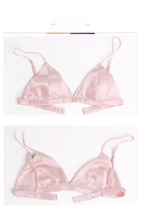 Front and back view of pink silk triangle bralette with thin straps and wire-free design