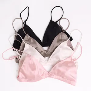 Four-pack of silk triangle bralettes in black, champagne, beige and pink satin fabric