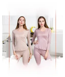 Detail of premium silk thermal underwear set for women with seamless round neck design
