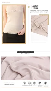 Detailed view of lace hem on a premium 100% mulberry silk camisole top for women