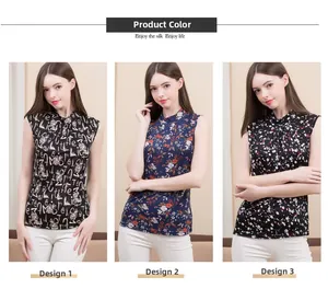 Detail view of three floral patterns on slim-fit silk knit sleeveless high-neck tank tops
