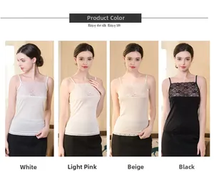 Lace trim silk camisoles for women shown in white, light pink, beige, and black