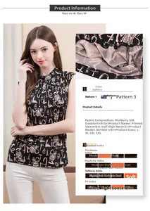 Detail of silk knitted fabric texture and size chart for the printed sleeveless top