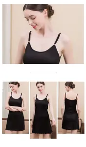 Front and back views of black silk slip dress featuring slim straps and wavy hemline