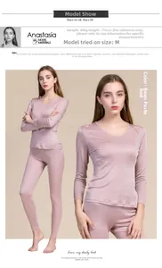 Detail of luxury mulberry silk thermal underwear set for women in elegant dusty rose color