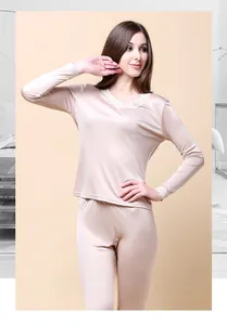 Detailed view of champagne silk thermal set featuring delicate lace trim on V-neck and cuffs
