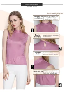 Detail view of pink silk tank top featuring retro mock neck and teardrop back cutout