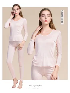 Detail of silk thermal underwear set for women in nude color with V-neck long sleeve top