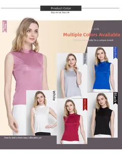 Detail showcasing real silk mock neck sleeveless tops in six elegant premium colors