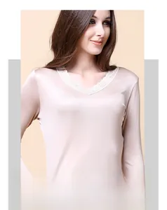 Close-up of elegant V-neck design with delicate lace trim on silk thermal underwear